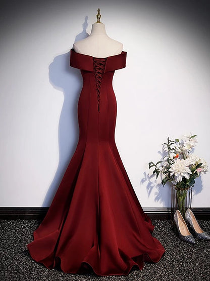 Sexy Women Mermaid Off The Shoulder Burgundy Satin Long Prom Gown Party Wear Fashion Dresses N2047