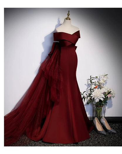 Sexy Women Mermaid Off The Shoulder Burgundy Satin Long Prom Gown Party Wear Fashion Dresses N2047