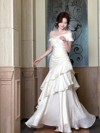 Élégante robe de sirène blanche à épaules dénudées avec manches courtes, robes de soirée longues pour bal de promo N2046