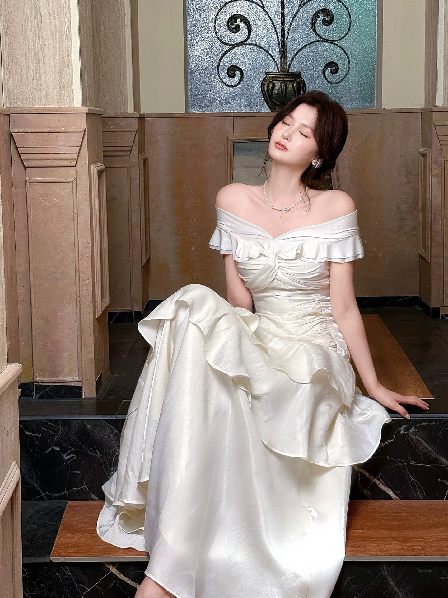 Élégante robe de sirène blanche à épaules dénudées avec manches courtes, robes de soirée longues pour bal de promo N2046