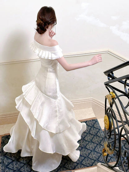 Élégante robe de sirène blanche à épaules dénudées avec manches courtes, robes de soirée longues pour bal de promo N2046
