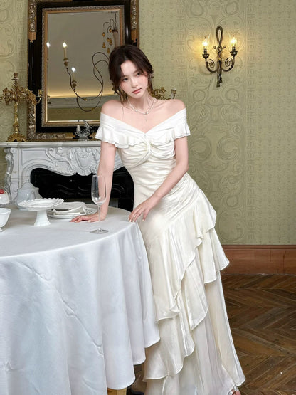 Élégante robe de sirène blanche à épaules dénudées avec manches courtes, robes de soirée longues pour bal de promo N2046