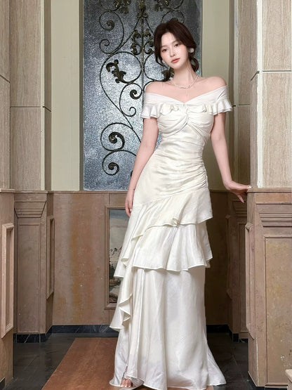 Élégante robe de sirène blanche à épaules dénudées avec manches courtes, robes de soirée longues pour bal de promo N2046