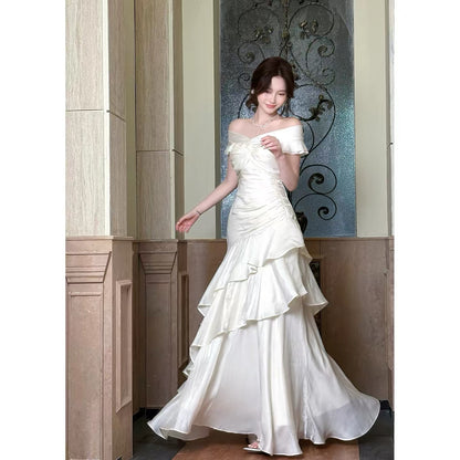 Élégante robe de sirène blanche à épaules dénudées avec manches courtes, robes de soirée longues pour bal de promo N2046