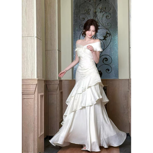 Classy Mermaid Off The Shoulder White With Short Sleeves Long Party Gowns Prom Dresses N2046