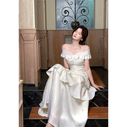 Élégante robe de sirène blanche à épaules dénudées avec manches courtes, robes de soirée longues pour bal de promo N2046
