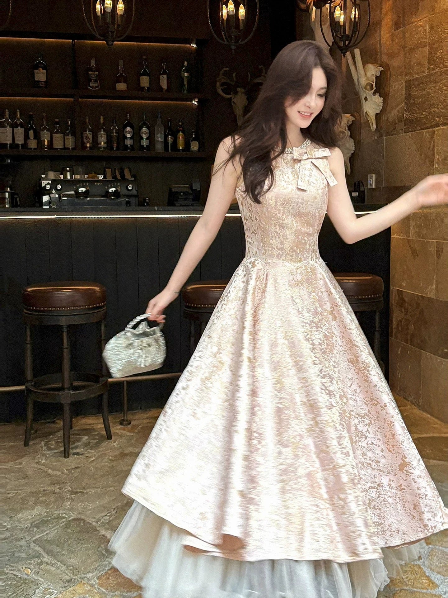 Simple A Line Scoop Neck Pink Satin Ankle Length Long Party Gowns Prom Dresses N2048
