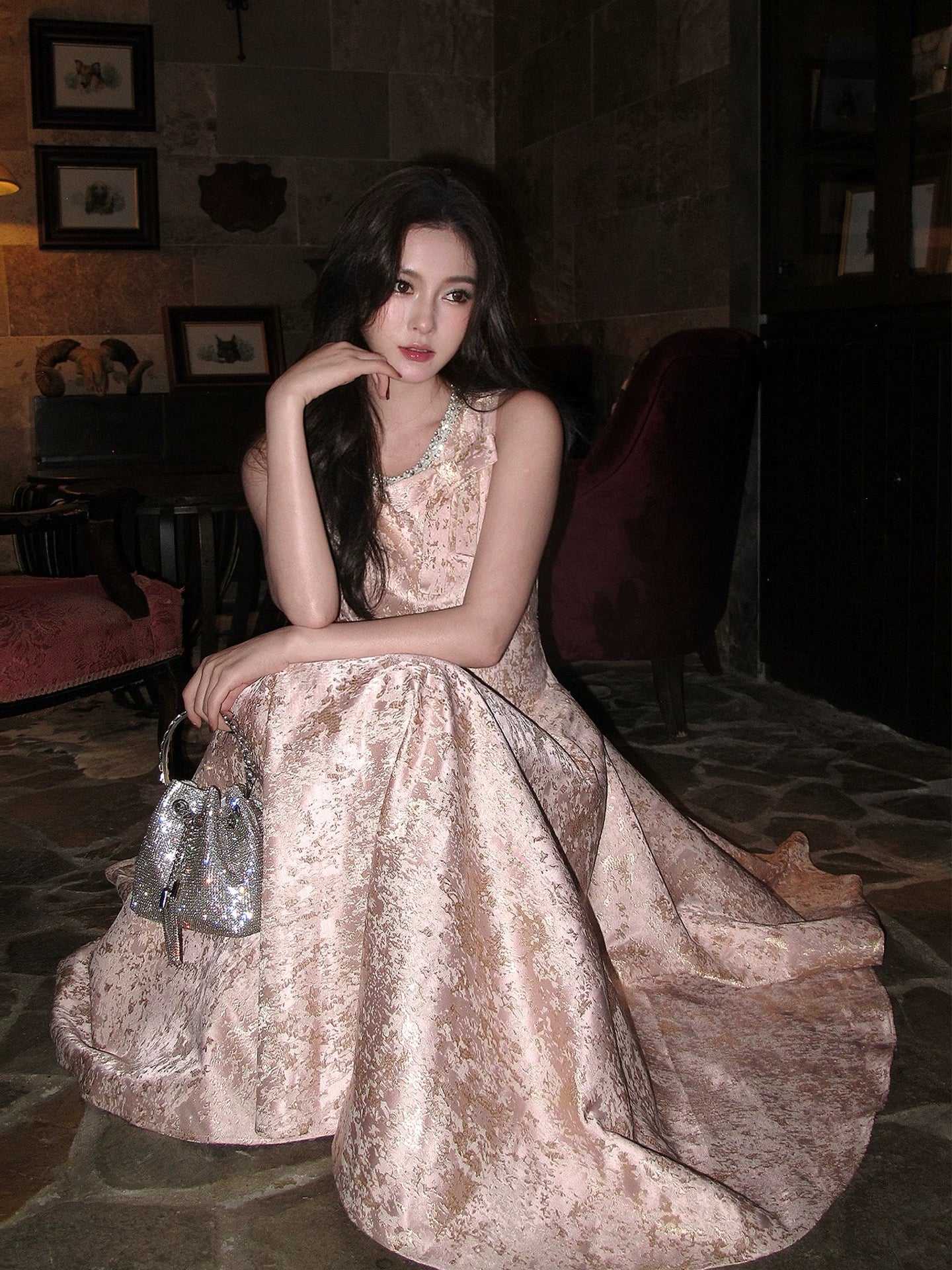 Simple A Line Scoop Neck Pink Satin Ankle Length Long Party Gowns Prom Dresses N2048