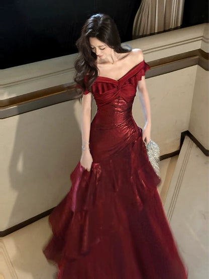 Sirène Élégante Épaules Dénudées Bleu Royal Manches Courtes Longues Robes de Soirée Robes de Bal N2050