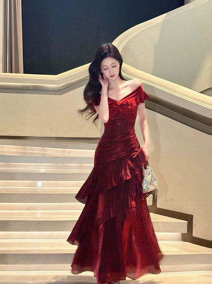 Sirène Élégante Épaules Dénudées Bleu Royal Manches Courtes Longues Robes de Soirée Robes de Bal N2050