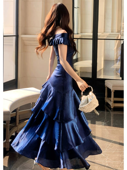 Sirène Élégante Épaules Dénudées Bleu Royal Manches Courtes Longues Robes de Soirée Robes de Bal N2050