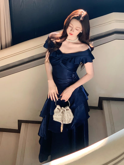 Sirène Élégante Épaules Dénudées Bleu Royal Manches Courtes Longues Robes de Soirée Robes de Bal N2050