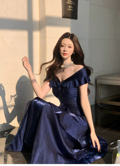 Robe De Bal De Soirée Chic Sirène Épaules Dénudées Bleu Royal Manches Courtes Robes Longues N2051