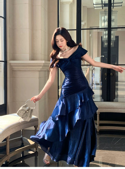 Robe De Bal De Soirée Chic Sirène Épaules Dénudées Bleu Royal Manches Courtes Robes Longues N2051