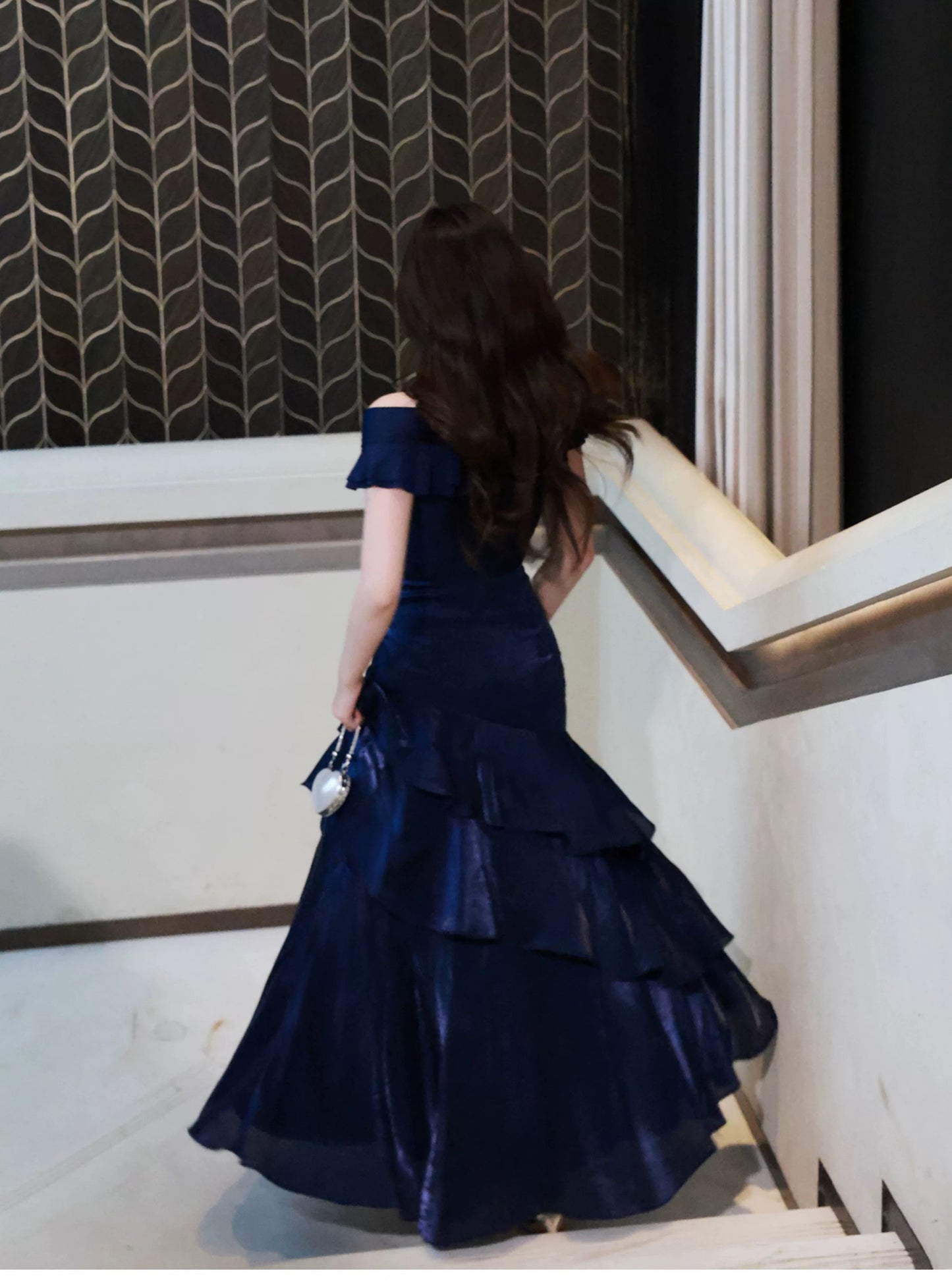 Robe De Bal De Soirée Chic Sirène Épaules Dénudées Bleu Royal Manches Courtes Robes Longues N2051