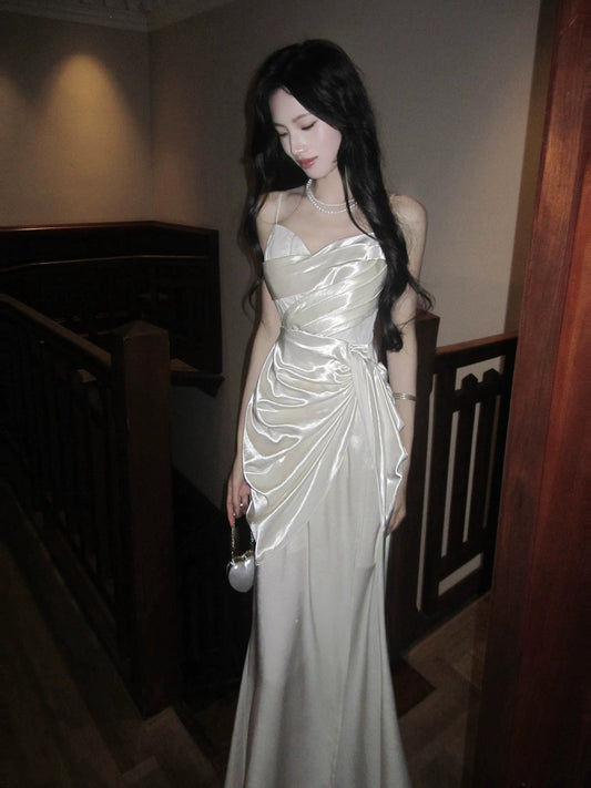 Classic Mermaid Spaghetti Straps Ivory Pleated Inspiration Long Wedding Party Guest Dresses N2051