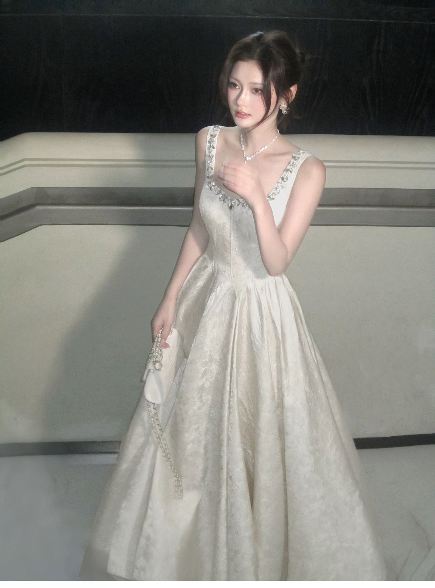 Simple A Line Square Neck Ivory Satin Inspiration Long Wedding Party Guest Dresses N2053