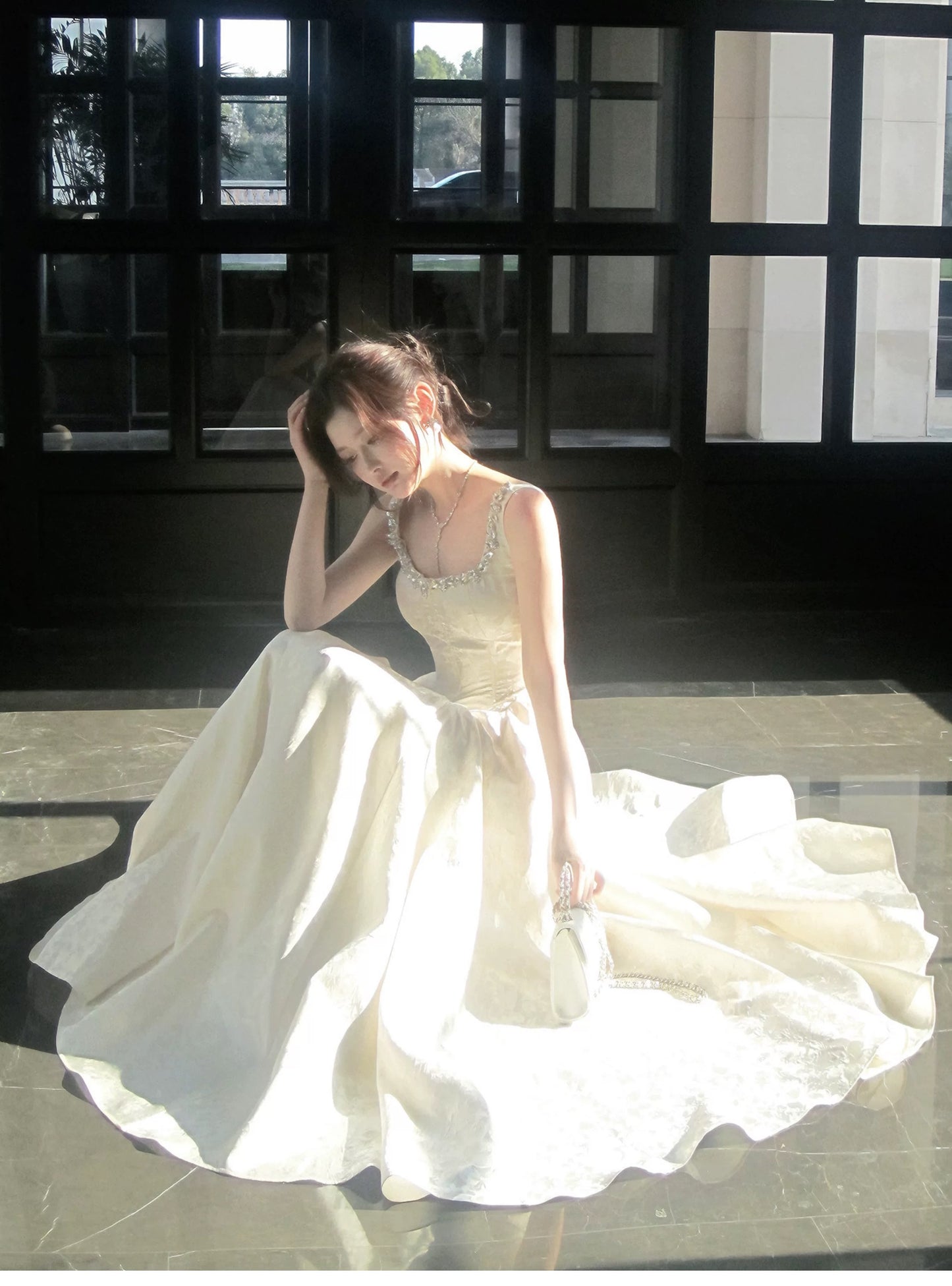 Simple A Line Square Neck Ivory Satin Inspiration Long Wedding Party Guest Dresses N2053