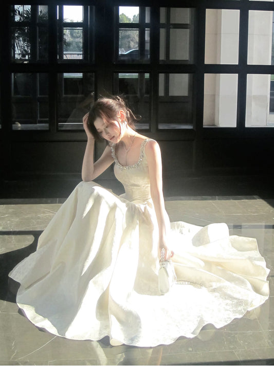 Simple A Line Square Neck Ivory Satin Inspiration Long Wedding Party Guest Dresses N2053