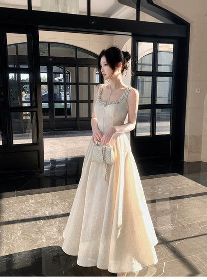 Simple A Line Square Neck Ivory Satin Inspiration Long Wedding Party Guest Dresses N2053