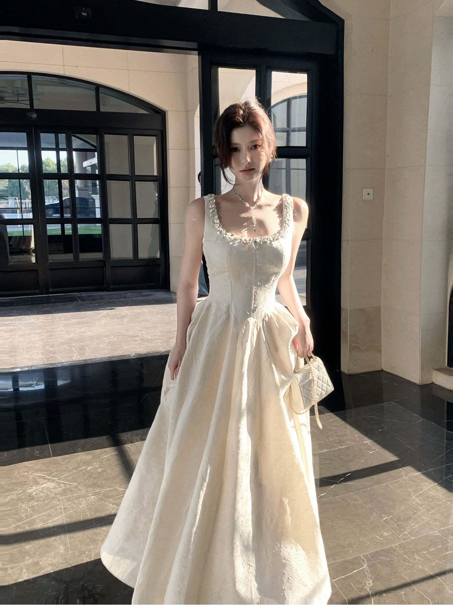 Simple A Line Square Neck Ivory Satin Inspiration Long Wedding Party Guest Dresses N2053
