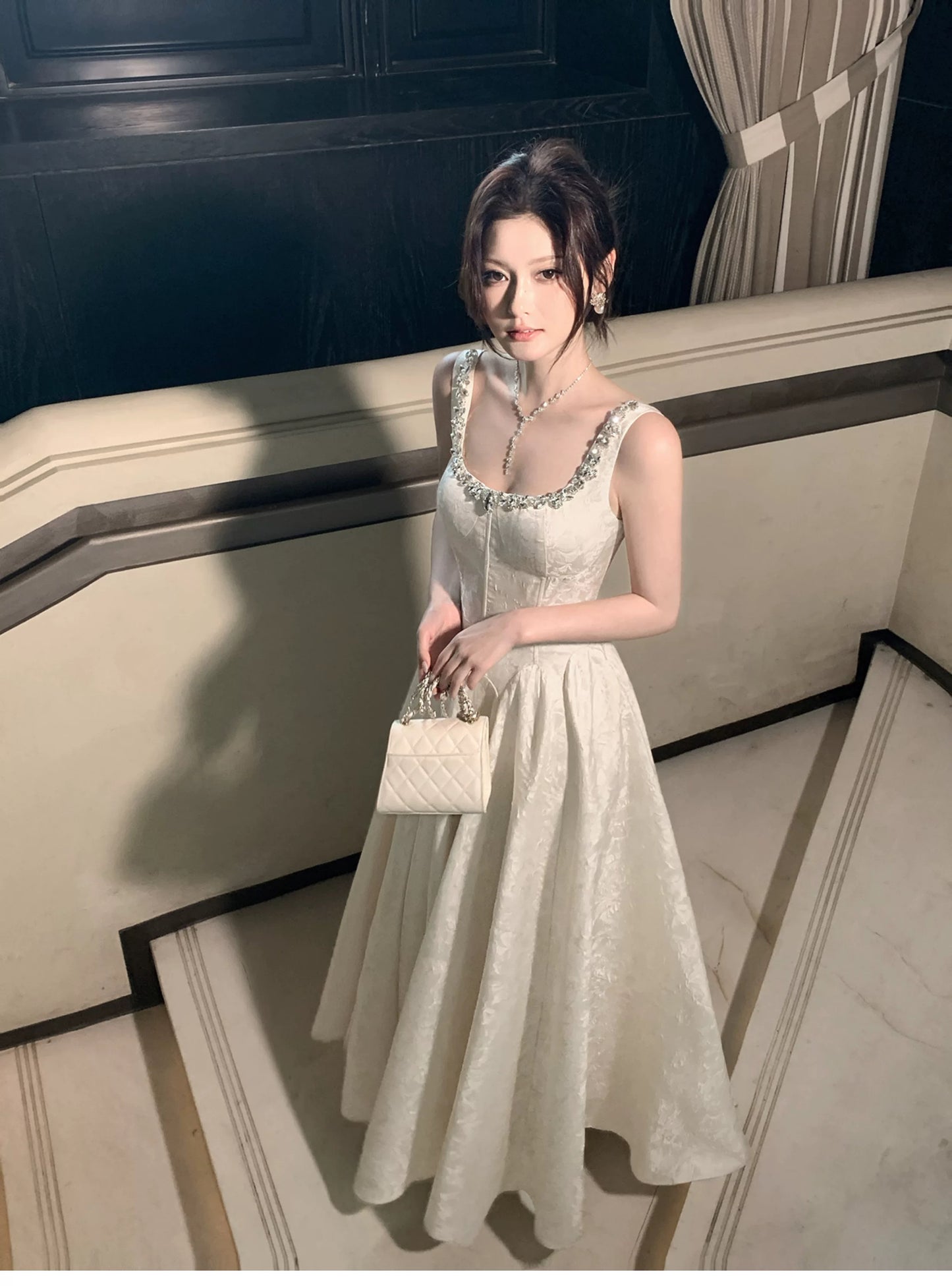 Simple A Line Square Neck Ivory Satin Inspiration Long Wedding Party Guest Dresses N2053