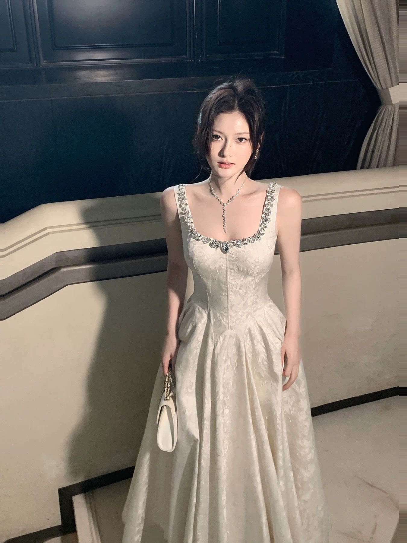 Simple A Line Square Neck Ivory Satin Inspiration Long Wedding Party Guest Dresses N2053