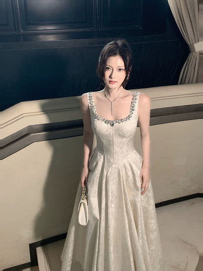 Simple A Line Square Neck Ivory Satin Inspiration Long Wedding Party Guest Dresses N2053