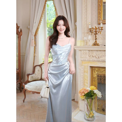 Robe de soirée sirène simple à fines bretelles en satin longueur cheville pour bal de promo N2054