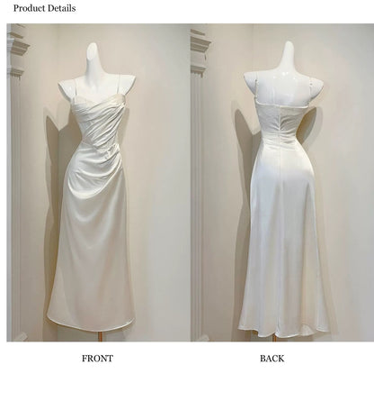 Robe de soirée sirène simple à fines bretelles en satin longueur cheville pour bal de promo N2054