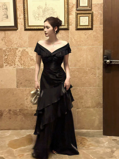 Elegantes Meerjungfrauen-Kleid schulterfrei schwarz mit kurzen Ärmeln lange Abendkleider Ballkleider N2056