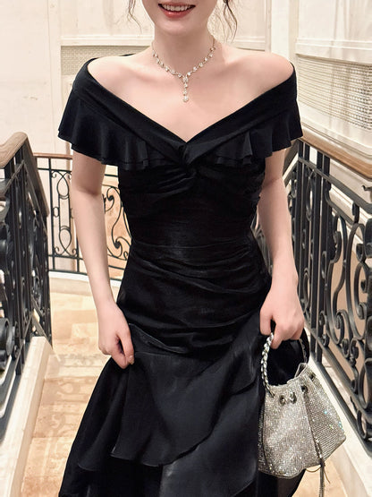 Elegantes Meerjungfrauen-Kleid schulterfrei schwarz mit kurzen Ärmeln lange Abendkleider Ballkleider N2056