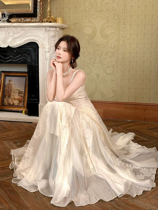 Princess A Line Square Neck Champagne Lace Inspiration Long Wedding Party Guest Dresses N2057