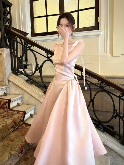 Französischer Stil Einfaches A-Linien-Kleid aus rosa Satin, inspiriert von langen Abschlussball- und Hochzeitsgästekleidern N2064