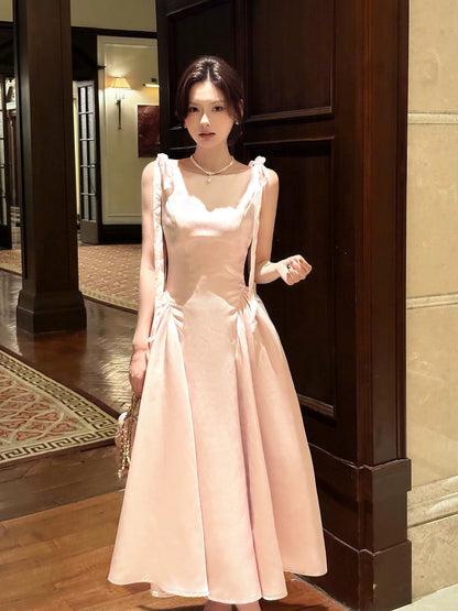 Französischer Stil Einfaches A-Linien-Kleid aus rosa Satin, inspiriert von langen Abschlussball- und Hochzeitsgästekleidern N2064