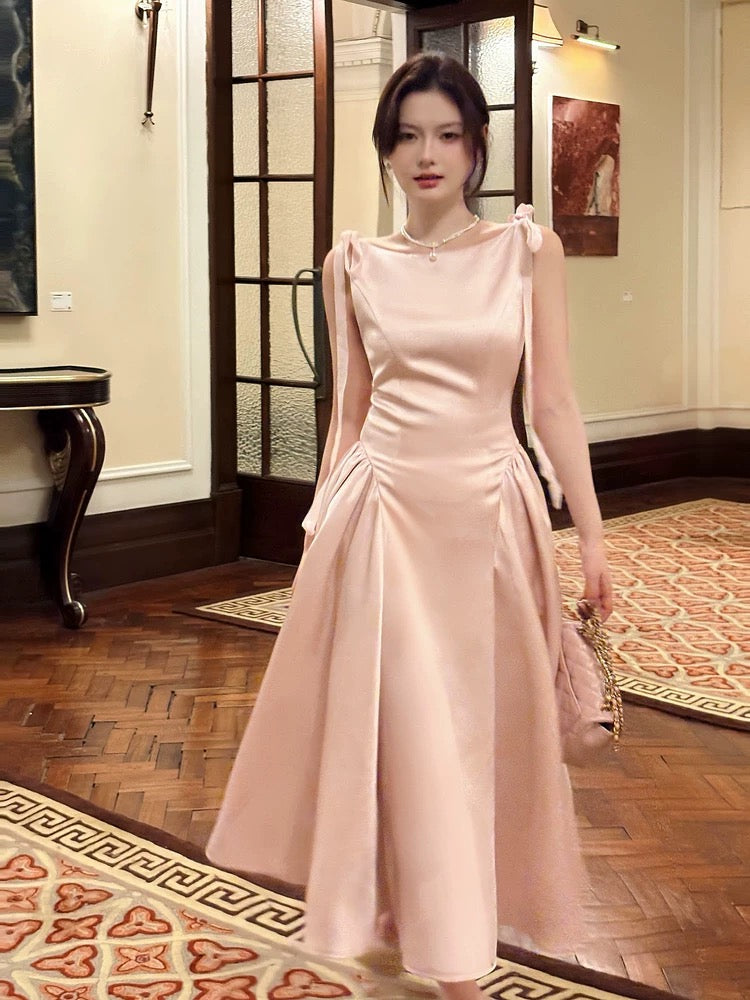 Französischer Stil Einfaches A-Linien-Kleid aus rosa Satin, inspiriert von langen Abschlussball- und Hochzeitsgästekleidern N2064