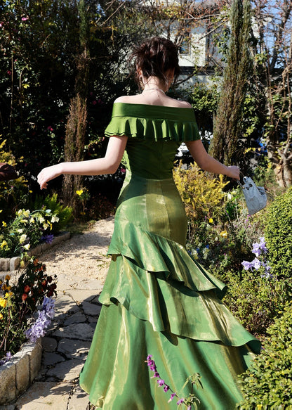 Robes de soirée longues modestes vert foncé à épaules dénudées et manches courtes pour le bal des finissants N2067