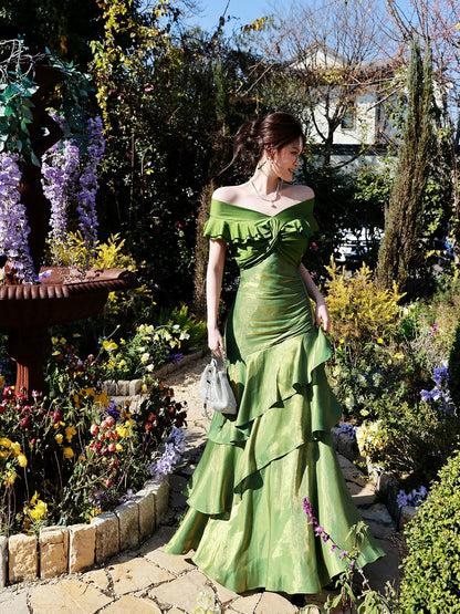 Robes de soirée longues modestes vert foncé à épaules dénudées et manches courtes pour le bal des finissants N2067