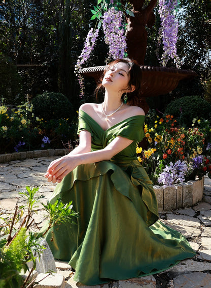 Robes de soirée longues modestes vert foncé à épaules dénudées et manches courtes pour le bal des finissants N2067