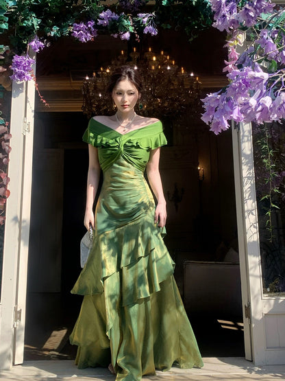 Robes de soirée longues modestes vert foncé à épaules dénudées et manches courtes pour le bal des finissants N2067