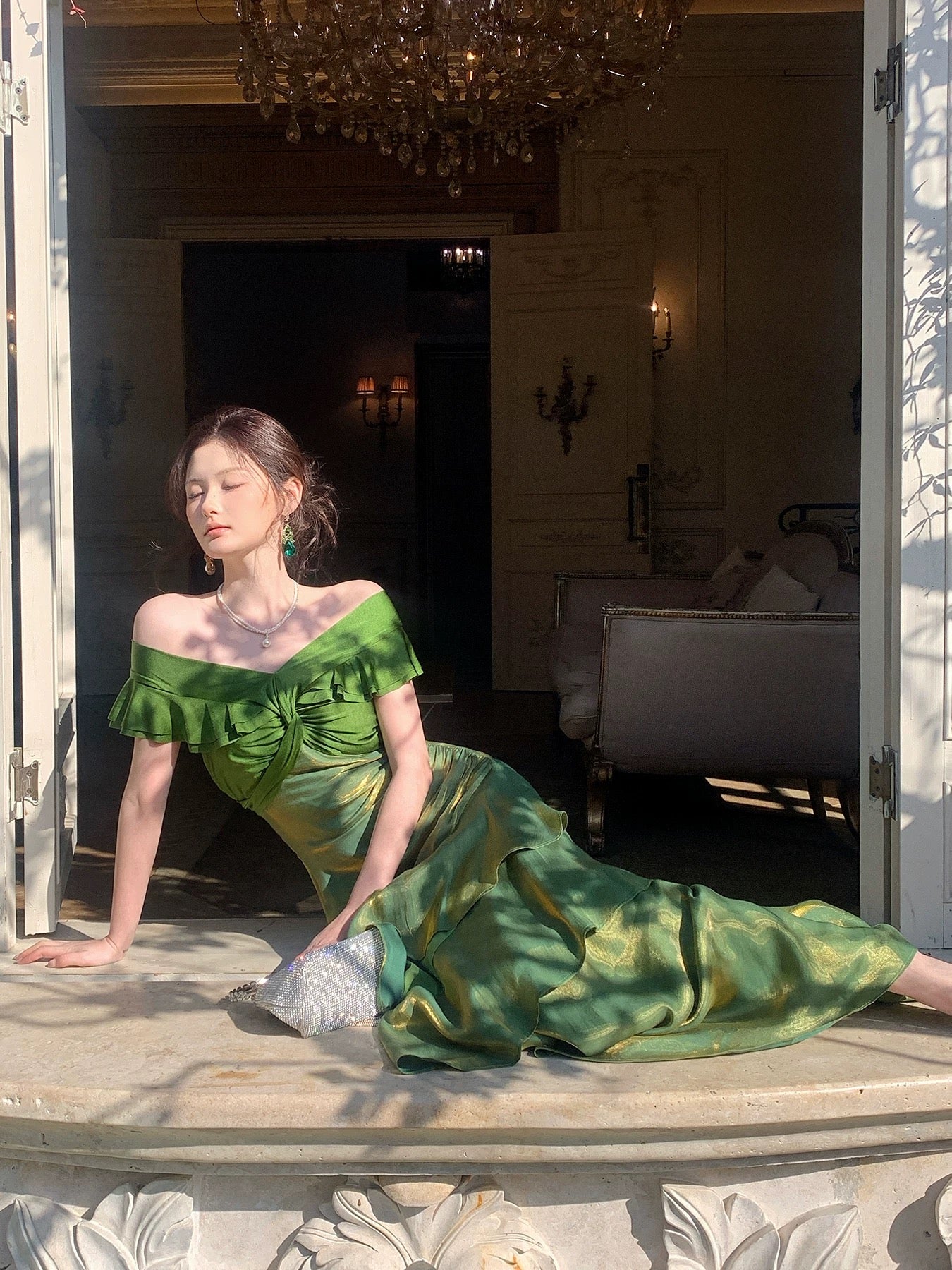 Robes de soirée longues modestes vert foncé à épaules dénudées et manches courtes pour le bal des finissants N2067