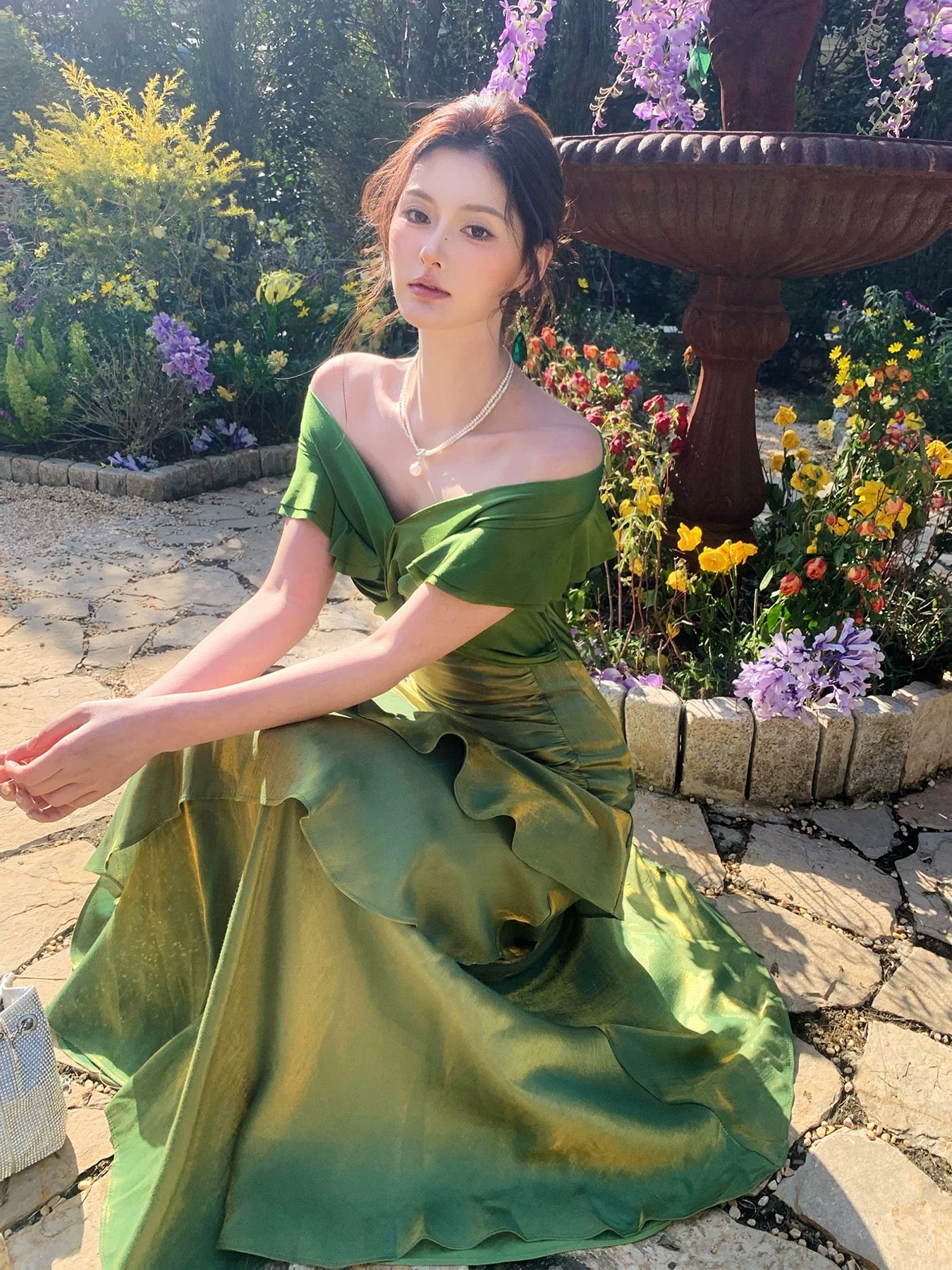 Robes de soirée longues modestes vert foncé à épaules dénudées et manches courtes pour le bal des finissants N2067