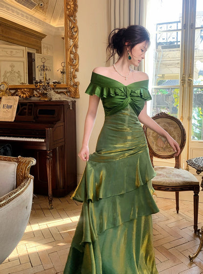 Robes de soirée longues modestes vert foncé à épaules dénudées et manches courtes pour le bal des finissants N2067