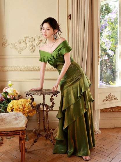Robes de soirée longues modestes vert foncé à épaules dénudées et manches courtes pour le bal des finissants N2067