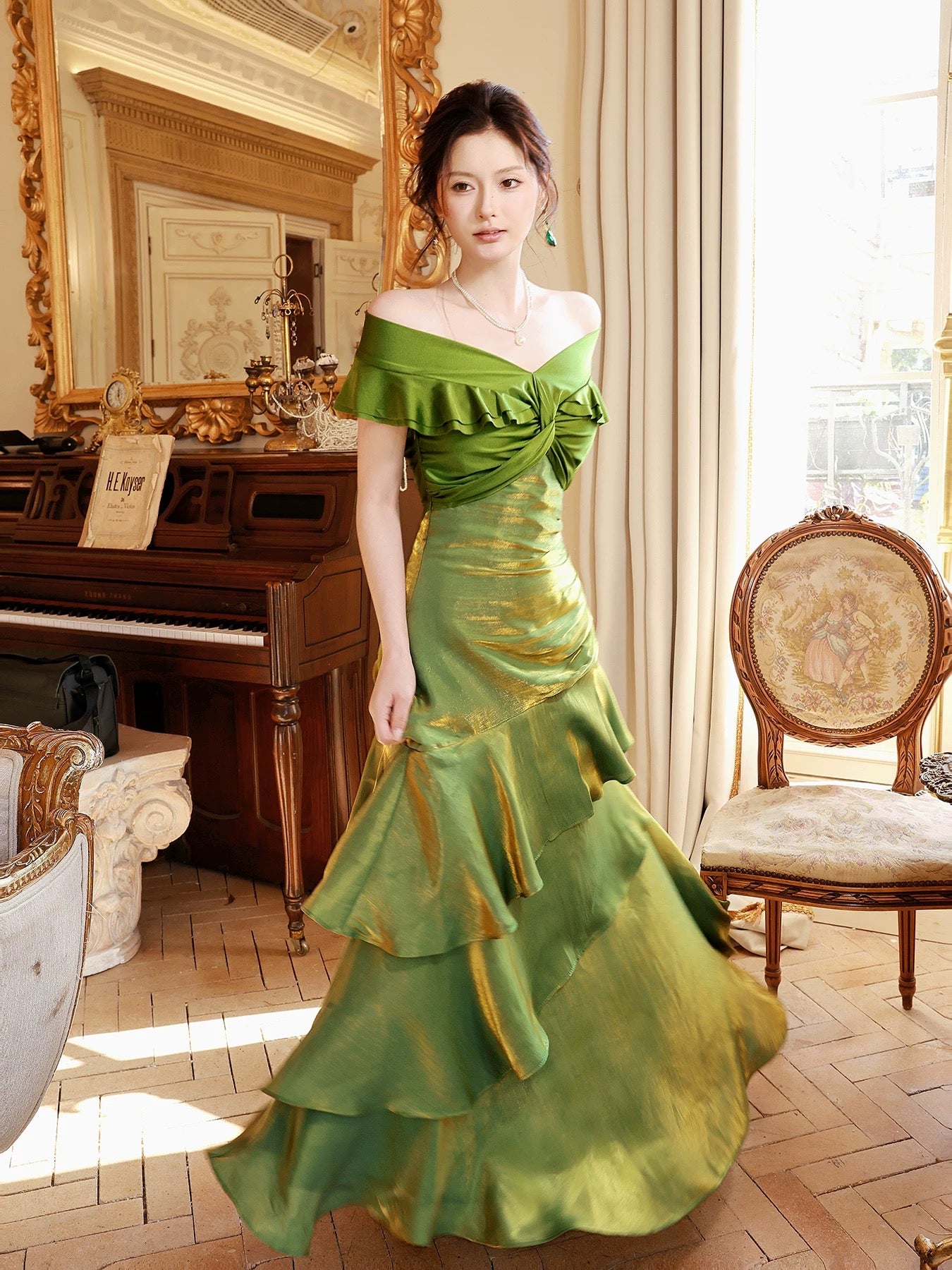 Robes de soirée longues modestes vert foncé à épaules dénudées et manches courtes pour le bal des finissants N2067