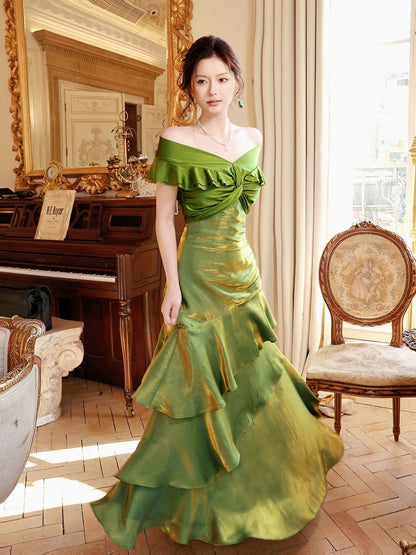 Robes de soirée longues modestes vert foncé à épaules dénudées et manches courtes pour le bal des finissants N2067