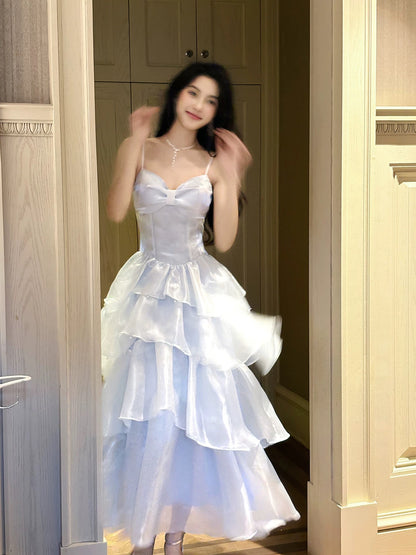 Einfaches A-Linien-Spaghettiträger-Kleid in Blau als Inspiration für Hochzeitsgäste N2065