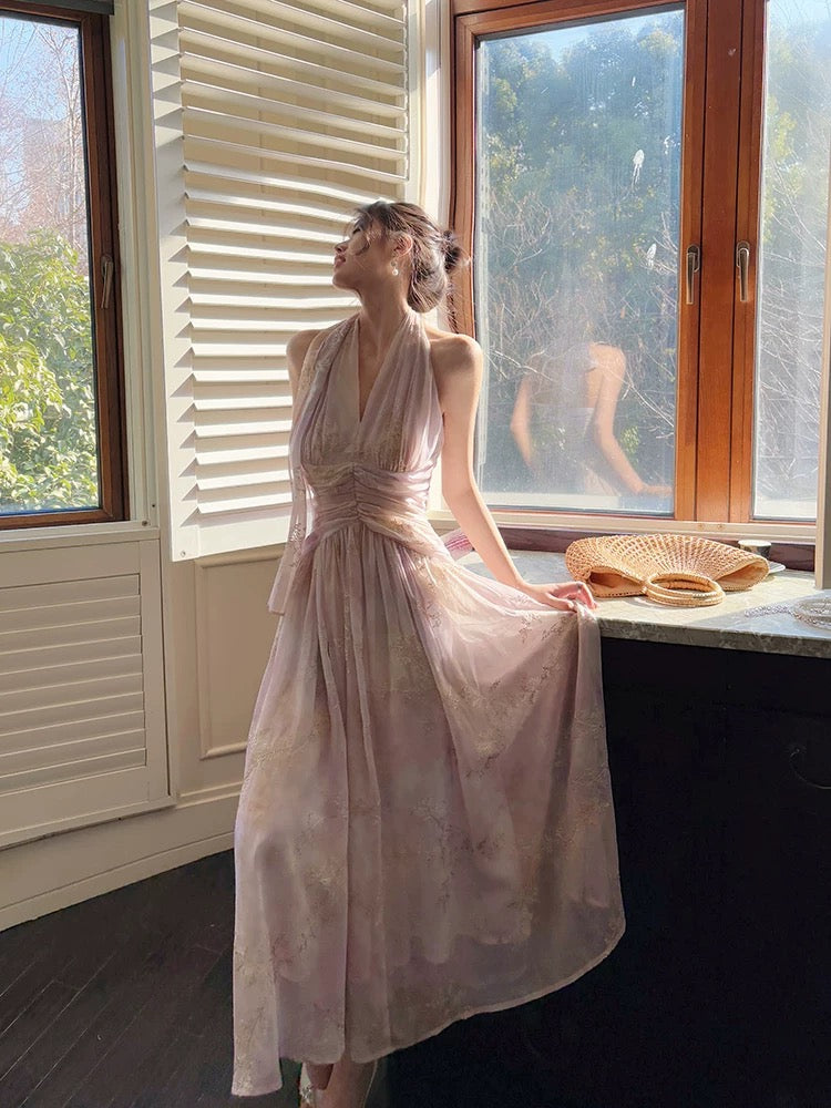 Robes de soirée longues pour femmes en mousseline de soie lilas style français modeste coupe trapèze à col halter N2069