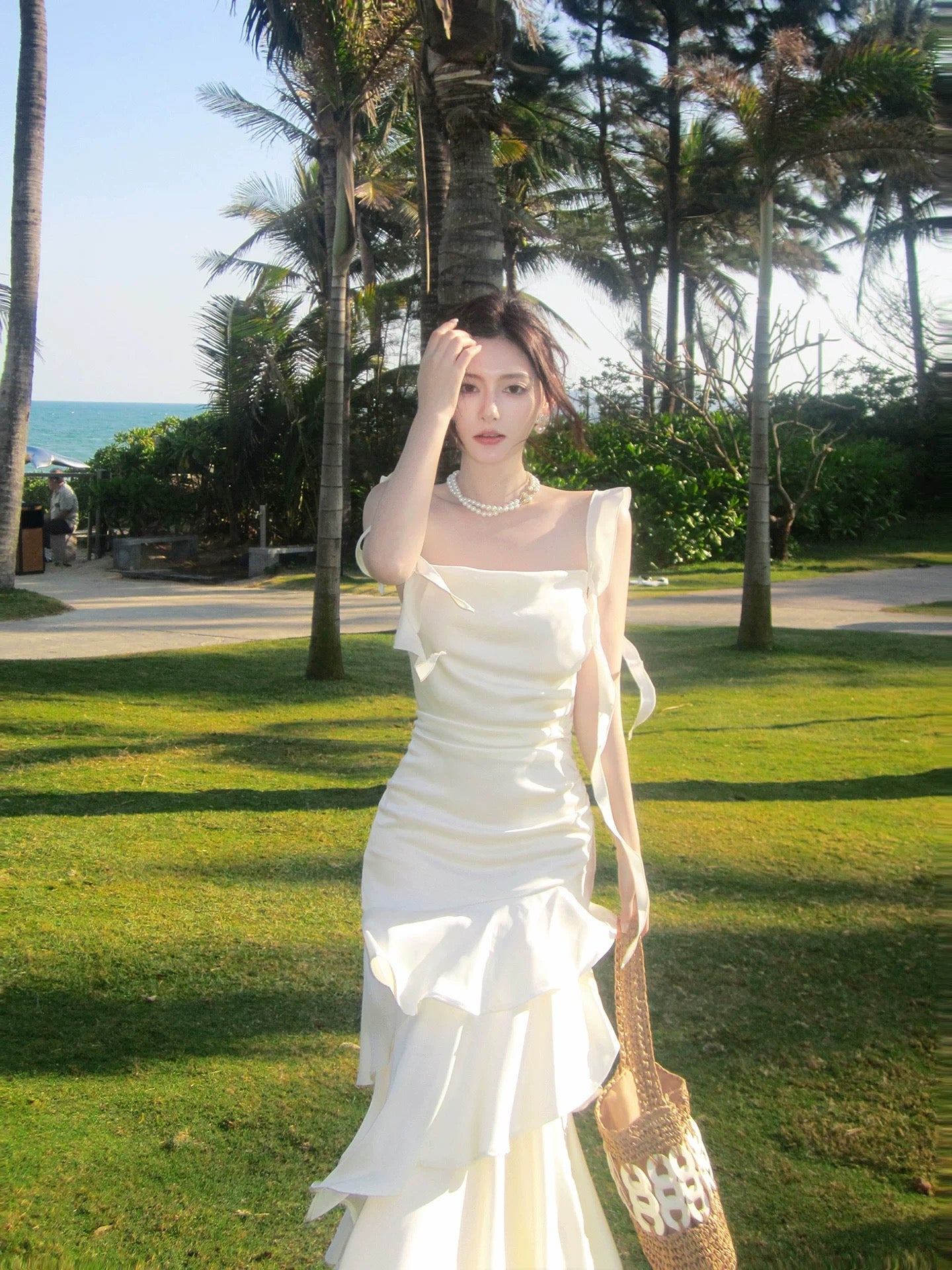 Simple Mermaid Spaghetti Straps White Inspiration Long Wedding Party Guest Dresses N2070