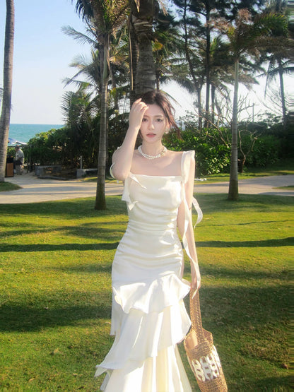 Simple Mermaid Spaghetti Straps White Inspiration Long Wedding Party Guest Dresses N2070
